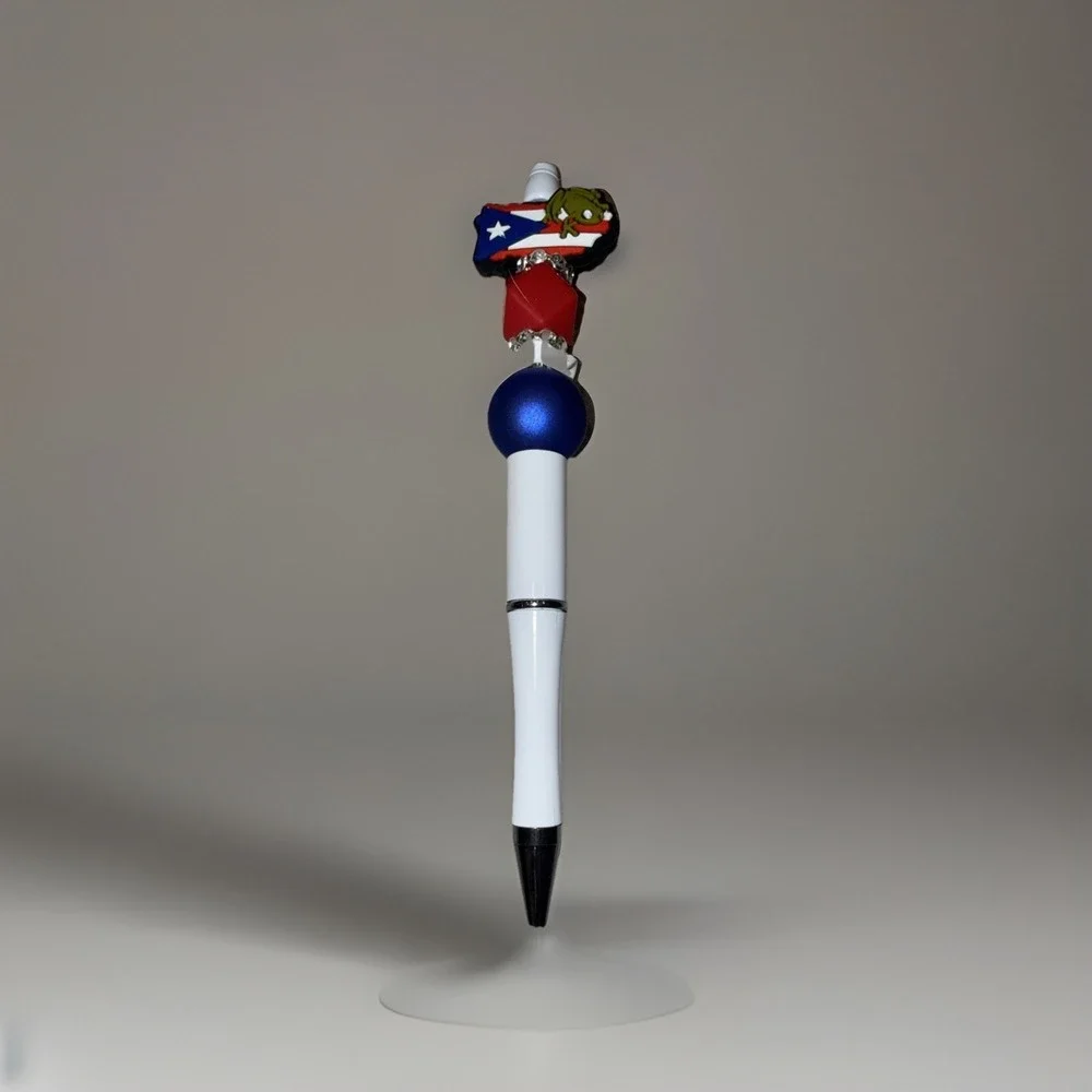 Puerto Rico Custom Handmade Beaded Pen PR Map Flag Coqui Blue Ink Retractable